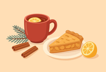 Flat warm winter illustration with a cup of tea, homemade pie and cinnamon sticks on a soft beige background, cozy holiday still life.