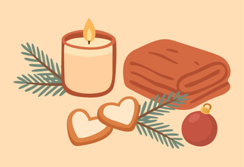 Flat vector illustration of candle, soft blanket and plate with heart-shaped cookies, warm home light and holiday atmosphere.
