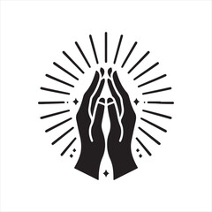 Hands in prayer with light rays vector silhouette sketch art logo illustration