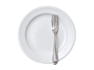 Empty white plate with silver fork simple minimalist food photography, Isolated On Transparent Background, Png