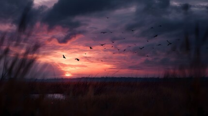 Naklejka premium A dramatic sunset paints the sky with vibrant colors as a large flock of birds soars over a serene marshland with tall grasses in the foreground