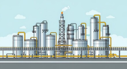 An industrial plant, designed in a clean style, stands prominently against a backdrop of the sky. Industrial complex is illustrated with precision and a focus on architectural details.