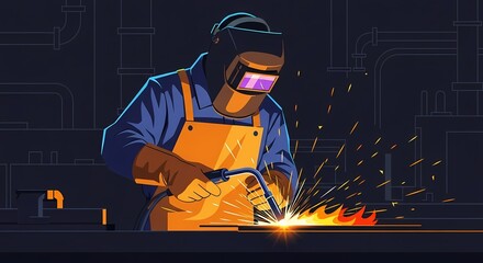 A skilled welder in protective gear focused on his craft, creating sparks with precision in the workplace.