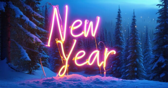 Bright neon text spells New Year over snowy forest landscape. Blue hues dominate winter scene, creating festive mood.