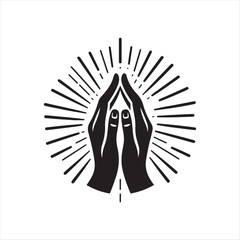 Hands in prayer with light rays vector silhouette sketch art logo illustration