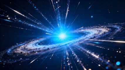 A vibrant depiction of a cosmic galaxy with a bright central star and swirling arms, surrounded by radiant light beams and scattered stars.