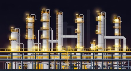 Illuminated industrial complex, a striking illustration of modern infrastructure at night, with cylindrical structures and a network of pipes against a backdrop of the darkness.