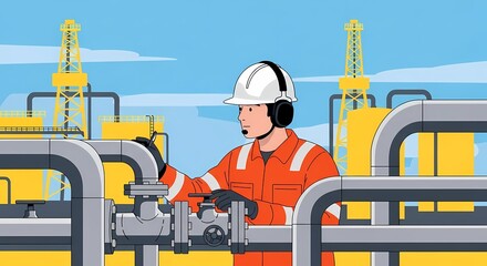 An oil worker meticulously inspects the pipes at a drilling site, showcasing industry precision and workplace dedication.