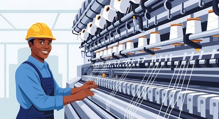 An industry worker proudly oversees advanced textile machinery, showcasing their expertise in a modern factory setting.