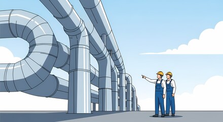 Engineers examine the vast network of industrial pipelines against a bright sky. The men, standing side by side, survey the complex system.