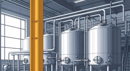 Inside a modern industrial facility, cylindrical metal tanks and interconnected piping systems stand, representing a blend of architecture, function, and the innovation.
