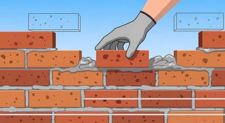 A close-up captures a construction worker's gloved hand carefully laying a brick. The focus on detail and precision highlights the meticulous process of construction and building. 