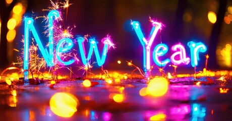 Bright New Year text glows amid colorful sparks, lights. Festive celebration, joyful atmosphere captured beautifully.