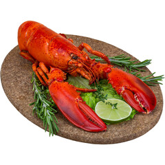 Whole cooked lobster garnished with rosemary and lime on a platter. 