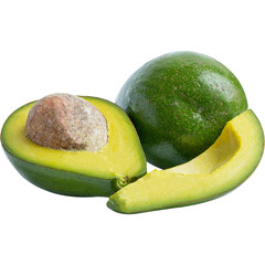 Fresh ripe avocados cut open showing creamy interior and pit. 