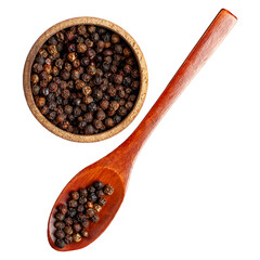 Wooden spoon and bowl filled with whole black peppercorns. 