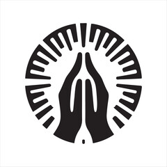 Hands in prayer with light rays vector silhouette sketch art logo illustration