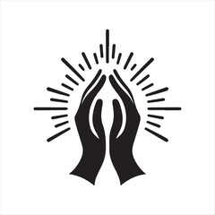 Hands in prayer with light rays vector silhouette sketch art logo illustration