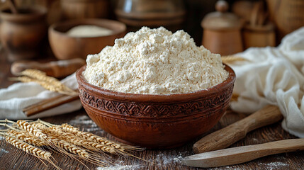 Rustic homemade flour in a traditional clay bowl Generative AI