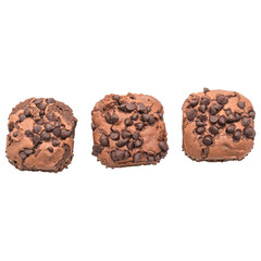Three delicious chocolate chip cookie dough bites on a transparent background