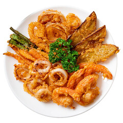 Assortment of crispy fried seafood and vegetables on a white plate. 