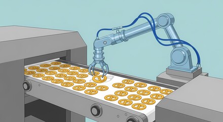 Automated Pretzel Production A Robotic Arm Placing Pretzels on a Conveyor Belt