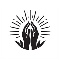 Hands in prayer with light rays vector silhouette sketch art logo illustration