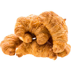 Golden brown croissants piled high on a transparent background. 