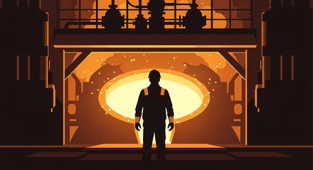 Silhouette of a worker in a factory, looking into the furnace, with a fiery glow