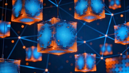 Abstract digital artwork featuring interconnected glowing cubes with a network of lines, evoking a sense of advanced technology and data connectivity.
