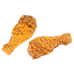 Two crispy fried chicken drumsticks on a transparent background. 