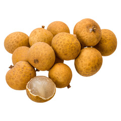 Fresh lychee fruit pile with one peeled showing white flesh. 