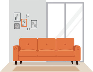 Modern living room scene with orange sofa and wall art beside large window isolated on transparent background
