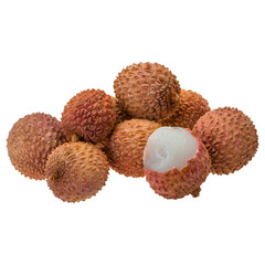 Pile of fresh lychee fruits with one peeled open. 