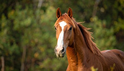 Chestnut Horse Portrait with a White Blaze in a Green Field.