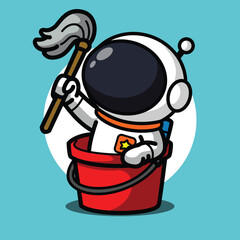 Cute Astronaut Sitting in Bucket Holding Mop Illustration for Space Cartoon Character and Cleaning Concept Design