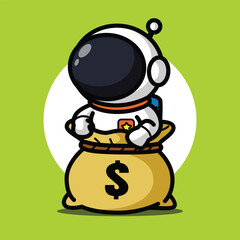 Cute Astronaut Holding Money Bag Illustration for Space Cartoon Character and Finance Concept