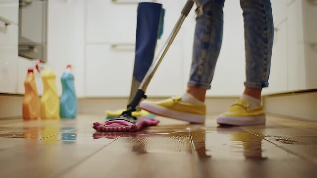 Woman Mopping up Water Spill in Kitchen with Cleaning Products