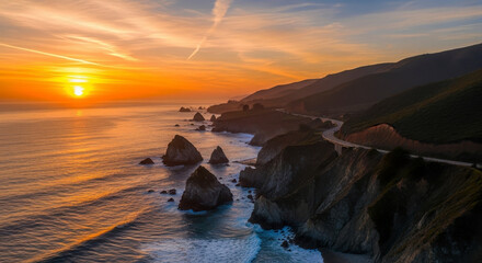 Dramatic Sunset Over Rocky Coastline Along Winding Road