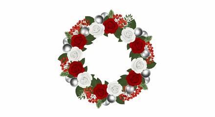 Festive Holiday Wreath with Red and White Roses, Silver Ornaments, and Festive Berries on White Background