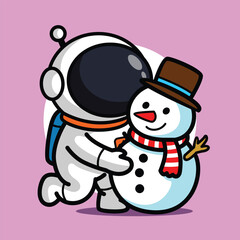 Cute Astronaut Building Snowman Illustration for Space Cartoon Character and Winter Holiday Concept