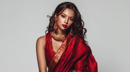 Portrait of woman with dark wavy hair wearing red sari, intricate gold jewelry, and makeup