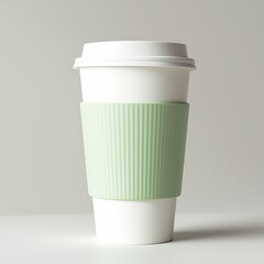 A white coffee cup with a light green corrugated sleeve isolated on white background, perfect for a coffee shop or beverage advertisement