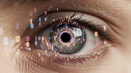 Macro Close Up of Human Eye with Binary Code Overlay Against Neutral Background - Powered by Adobe