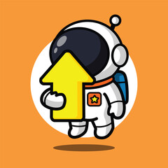 Cute Astronaut Holding Up Arrow Illustration for Space Cartoon Character and Business Growth Concept
