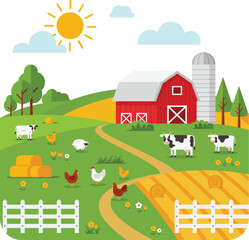 Vibrant farm landscape scene with red barn cows chickens and silo under sunny skies isolated on transparent background © rabbivay
