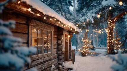 Fototapeta premium Snowy Cabin Christmas Lights Winter Holiday Cozy - nature background