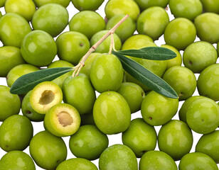 Fresh Green Olives Bunch, Some Cut Open - Culinary Conceptual Image