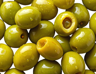 Fresh Green Olives Bunch, Some Cut Open - Culinary Conceptual Image