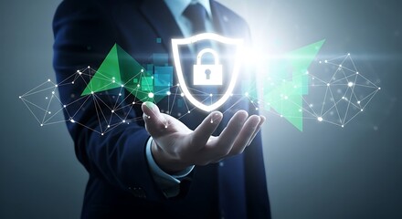 Businessman holding a glowing digital shield with a padlock symbol and upward trending green arrows representing data security and financial growth in a modern abstract concept
